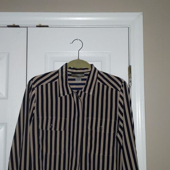 Notations Navy and Tan striped button down blouse Sz 10 - Picture 3 of 5